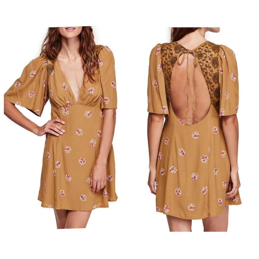 Free People FP Mockingbird Embroidered Mesh Inset Minidress Brown Comb 10